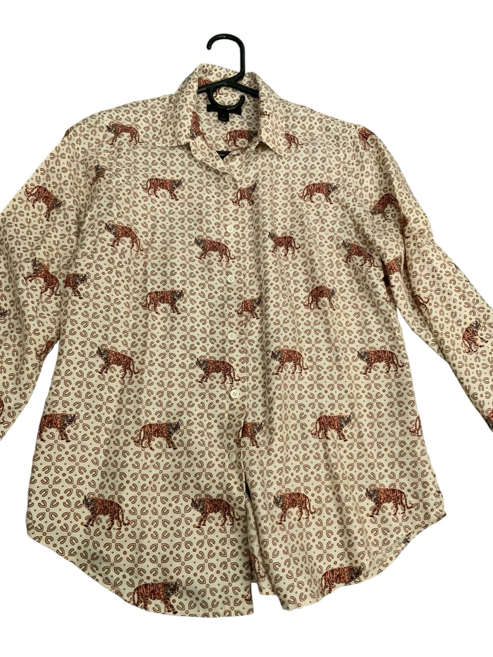 J. Crew Top Womens 4 Ivory Collection 100% Silk Tiger Print Shirt Blouse Animal